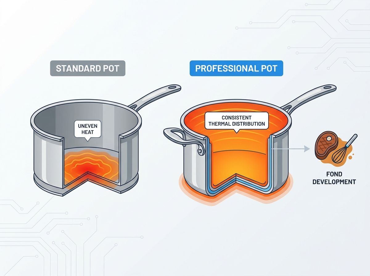 Professional stainless steel pot on a commercial range